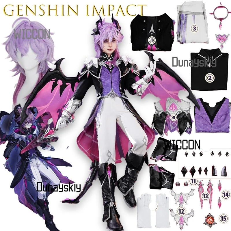 

Shop1104224016 Store Genshin Impact Durin Faragasha Cosplay Costume Wig Purple Dark Suit Wing Props Christmas Halloween Party