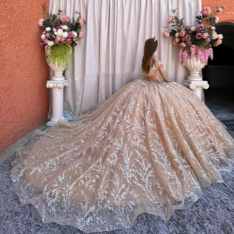 Champagne Off-Shoulder Shiny Quinceanera Dresses Ball Gown Classic Applique Lace Beads Tull Sweet 16 Dress Vestidos De 15 Años