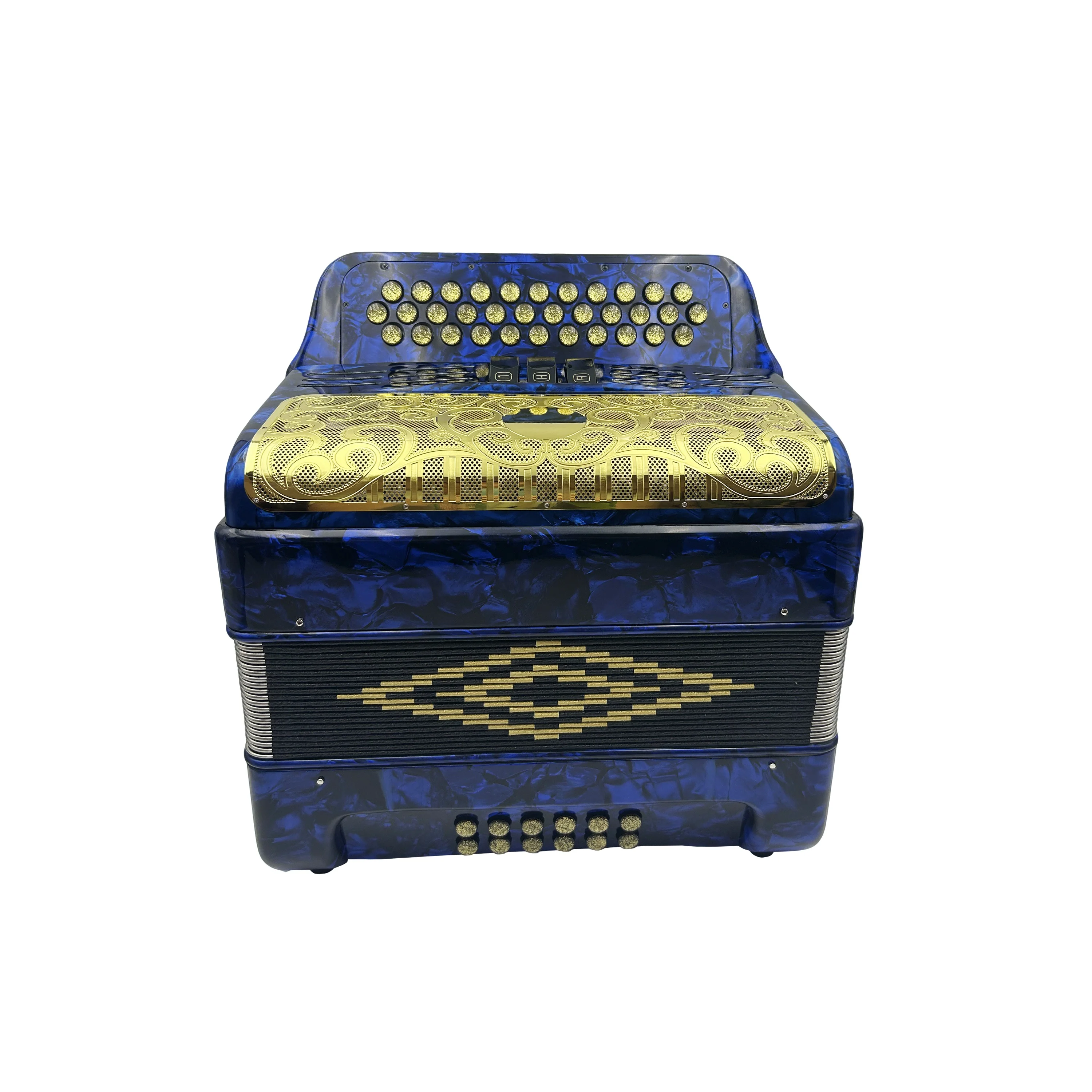 Professional Diatonic 34-Button 12-Bass 3-Register Blue Celluloid Accordion Gold Grill Gold Buttons JB3412C Acordeon