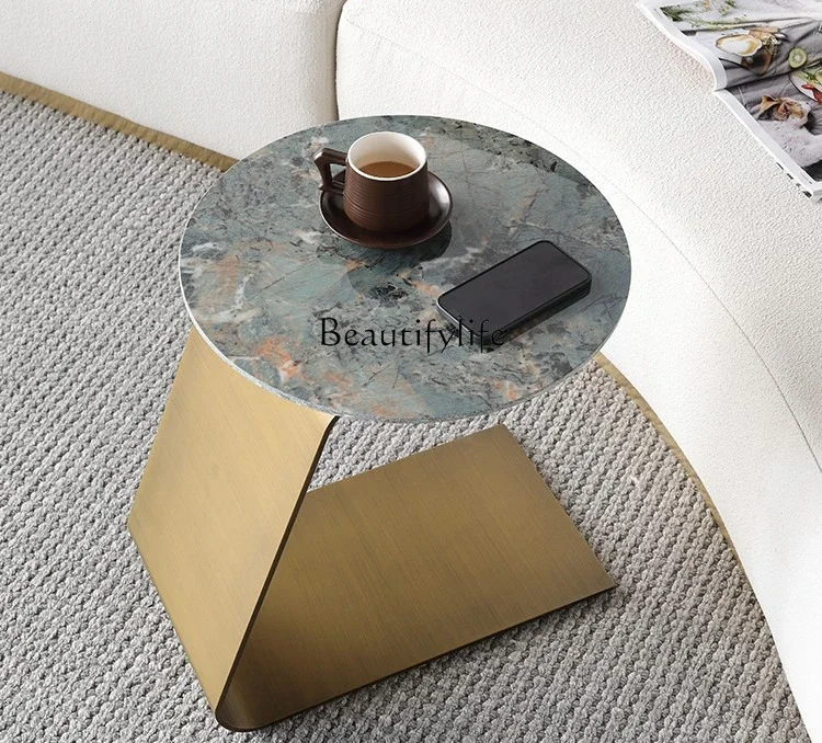

Z.*Light luxury rock slab sofa exquisite edge table simple round living room small round coffee table marble