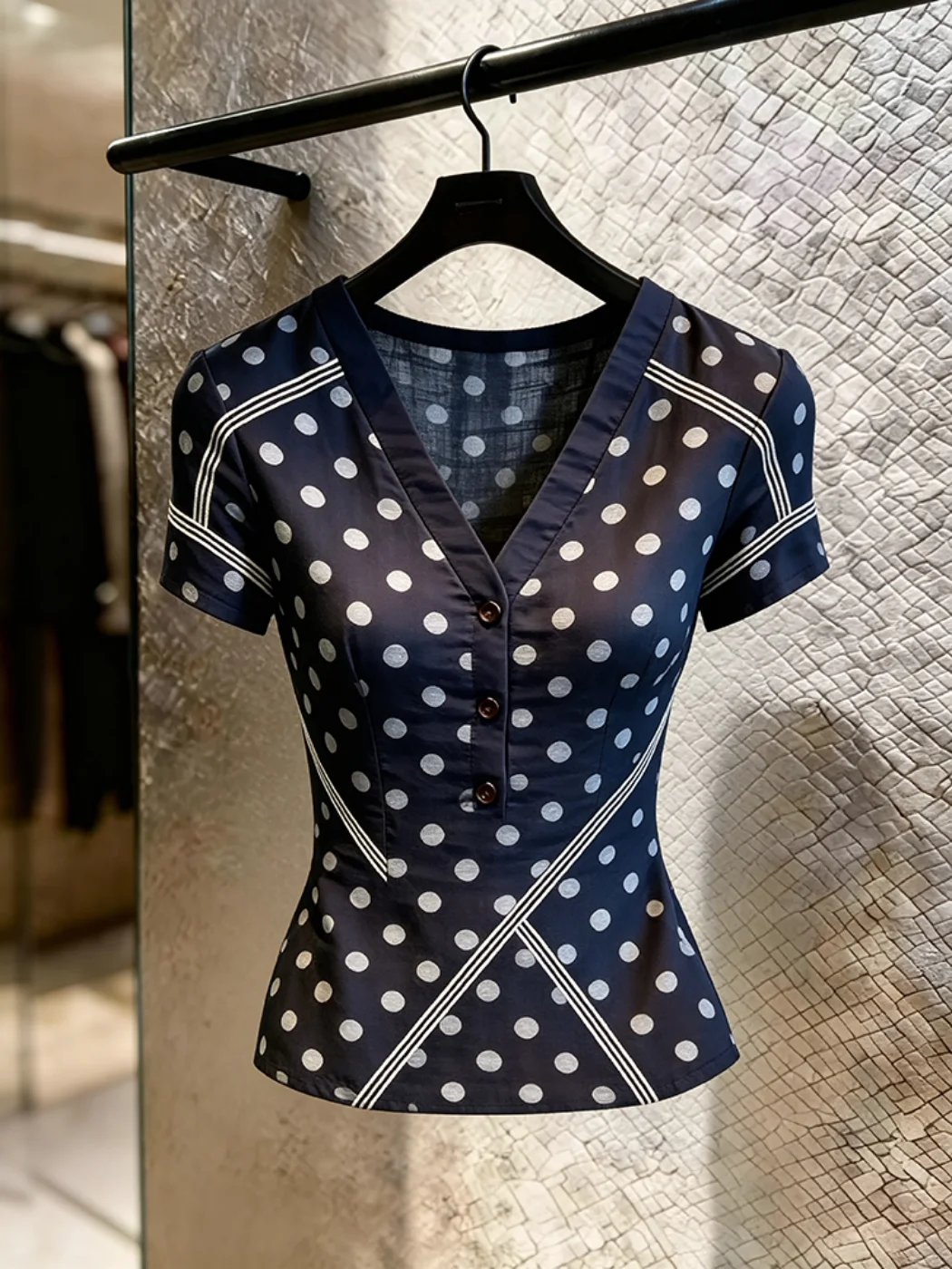 

Deep Blue Retro Polka Dot Short Sleeve Commute Top Women's Fashion Slim Fit V-Neck Midi Length T-Shirt Summer 2026