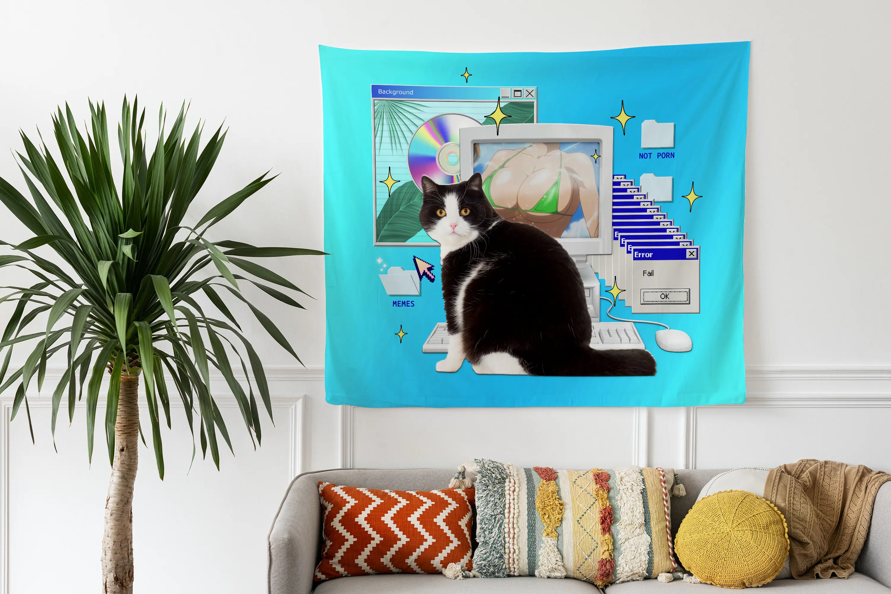 Vapor Wave Cat Meme Tapestry - Funny Anime Wall Hanging for College Dorm Room, Festival Tapestries, Retro Early 2000s Animal