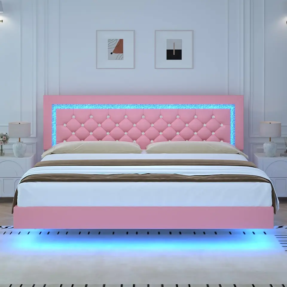 Pink LED Upholstered Floating Bed Frame