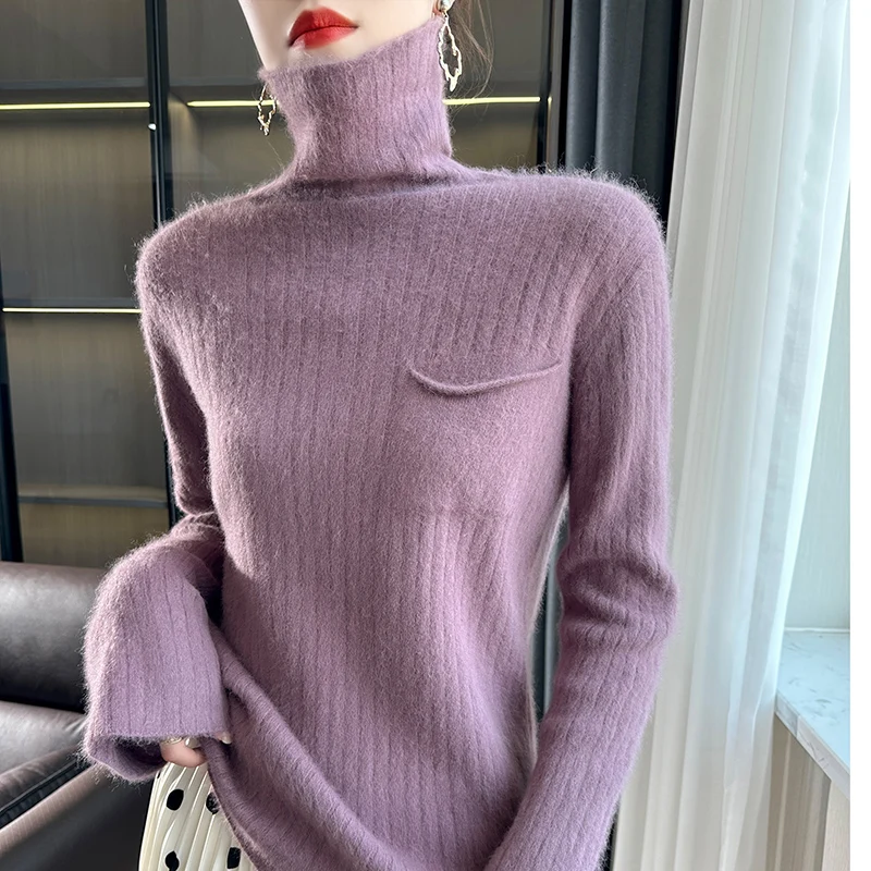 Women\'s Sweater Autumn/Winter New 100% Cashmere Pullover Casual Loose Knit Tops Japanese/Korean Style Turtleneck Blouse Pocket