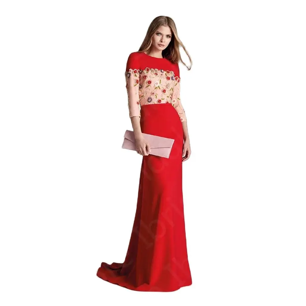 Charming Latest Mother of the Bride Dresses 2023 Red   3/4 Sleeves Round Neck Wedding Party Gowns 3D Flowers