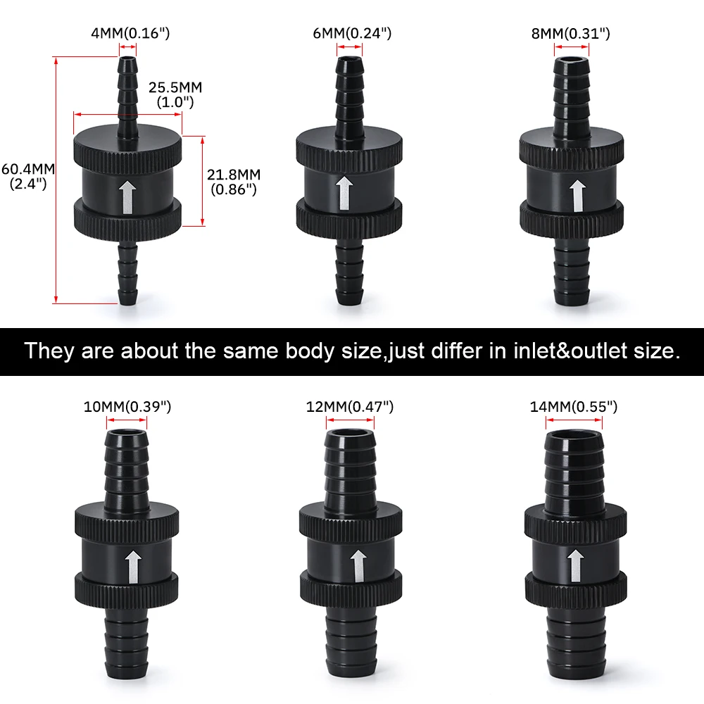 Hypertune - 6 Size 4MM / 6MM / 8MM / 10MM / 12MM / 14MM Non Return One Way Fuel Check Valve Aluminum Alloy Petrol Diesel