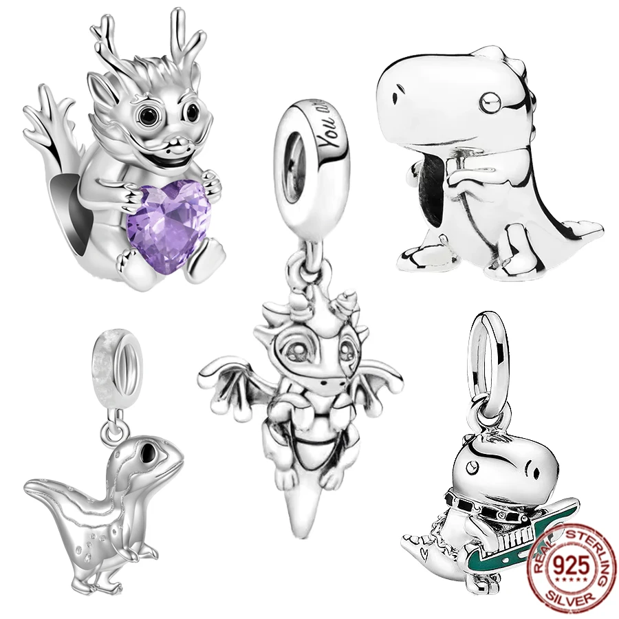 925 Sterling Silver Little Flying Dragon Charme Beads, Dinossauros Tocando Música, Se Encaixa Original Pandora Pulseira, Jóias Fashion Gift