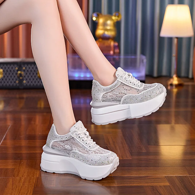 Fujin 8cm Air Mesh Synthetic Platform Wedge Casual Lace Up Flat Chunky Sneaker Bling Bling Leather Comfy High Brand Summer Shoes