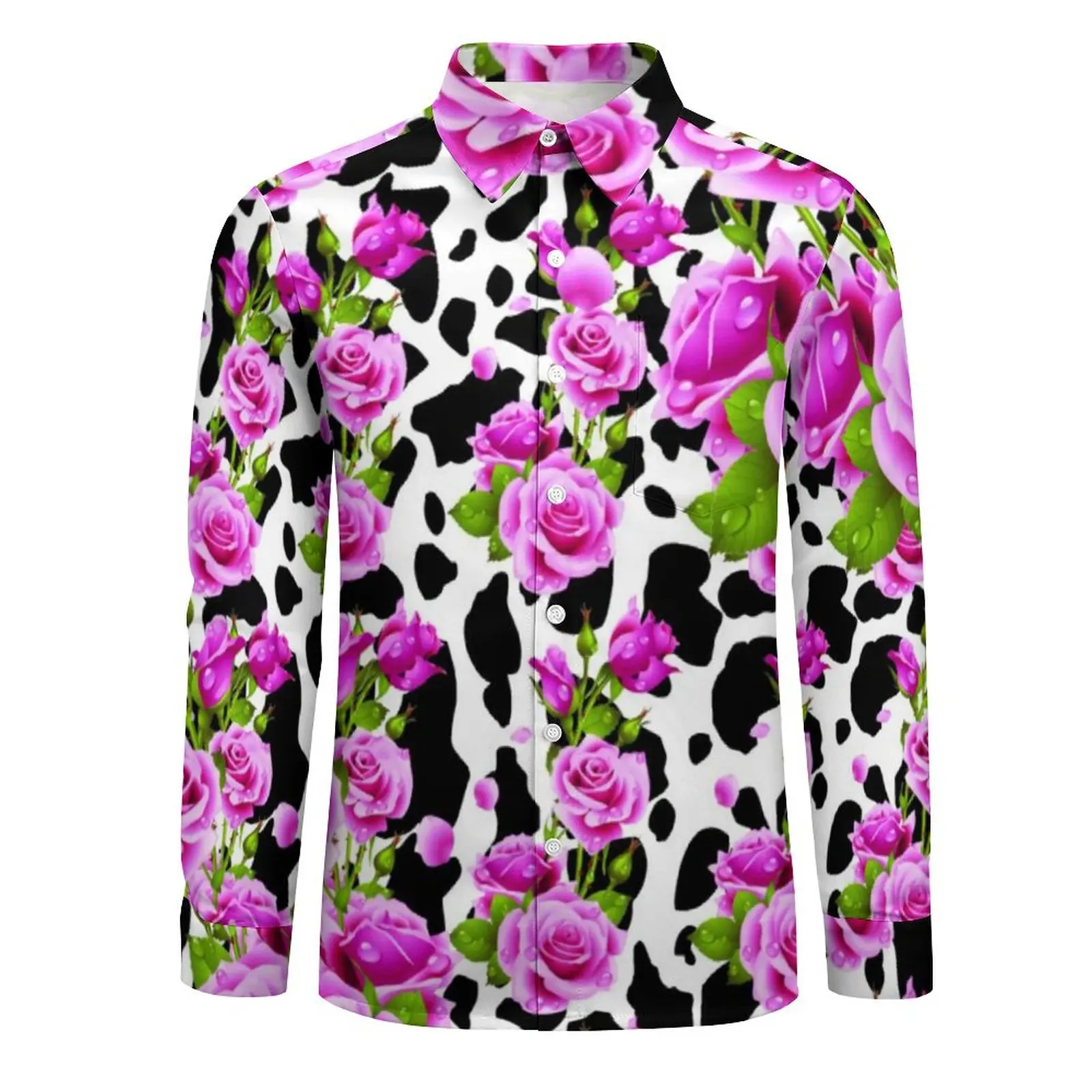 Impressão de vaca e rosas colocadas camisa outono manchas de vaca flor camisas casuais homem moda blusas manga longa personalizado engraçado topo tamanho grande