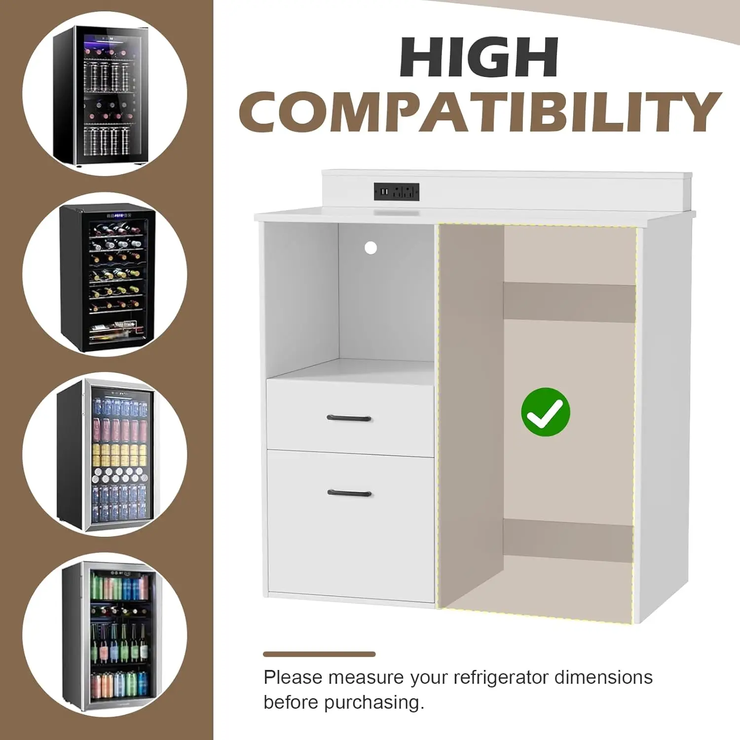 قهوة مع مساحة ثلاجة صغيرة، حامل ثلاجة صغير مع مساحة تخزين ومخرج طاقة، خزانة نبيذ مشروبات الخمور مع رف ميكروويف للمجموعة