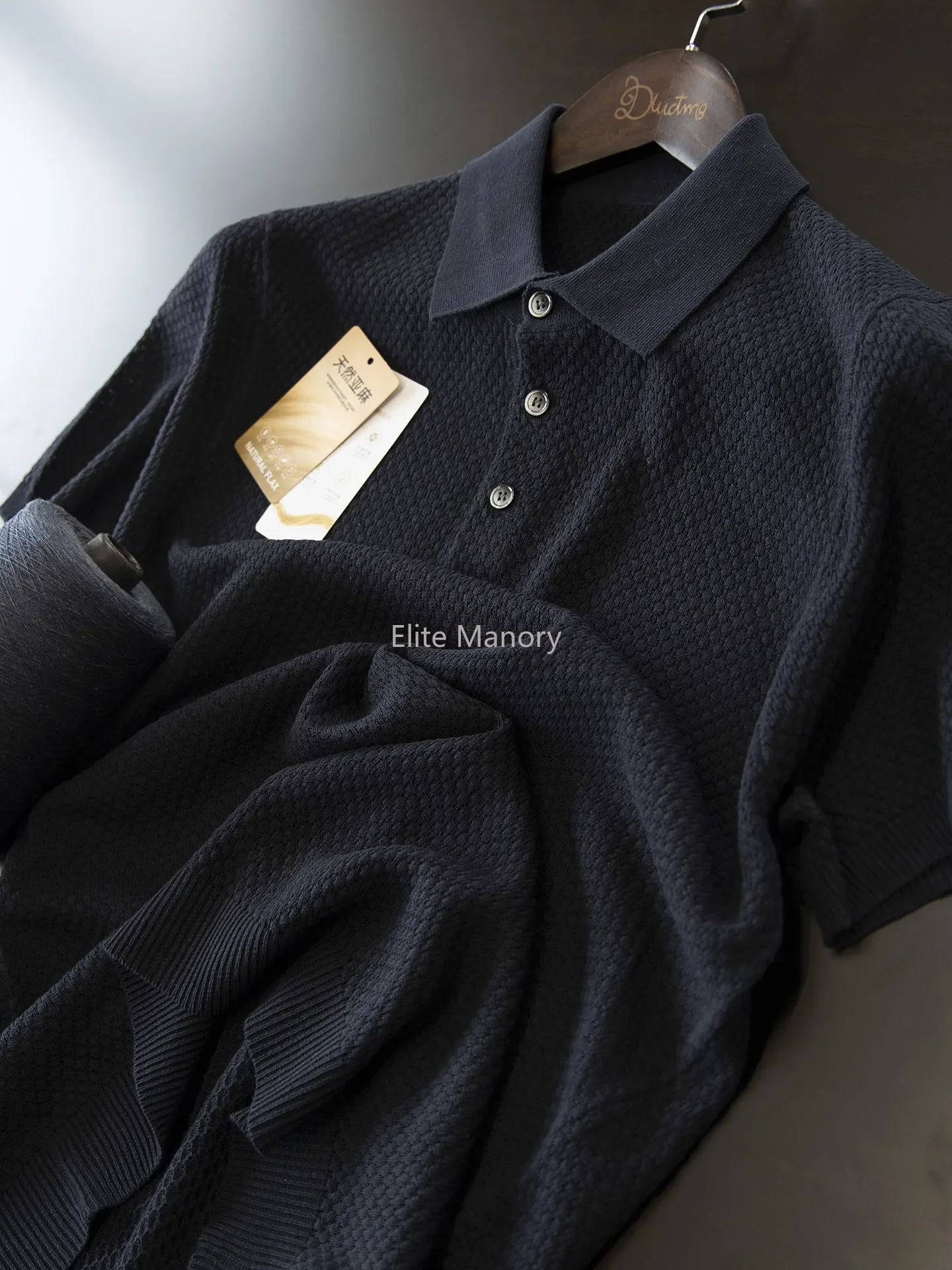 Summer color old money style texture linen knitted polo shirt