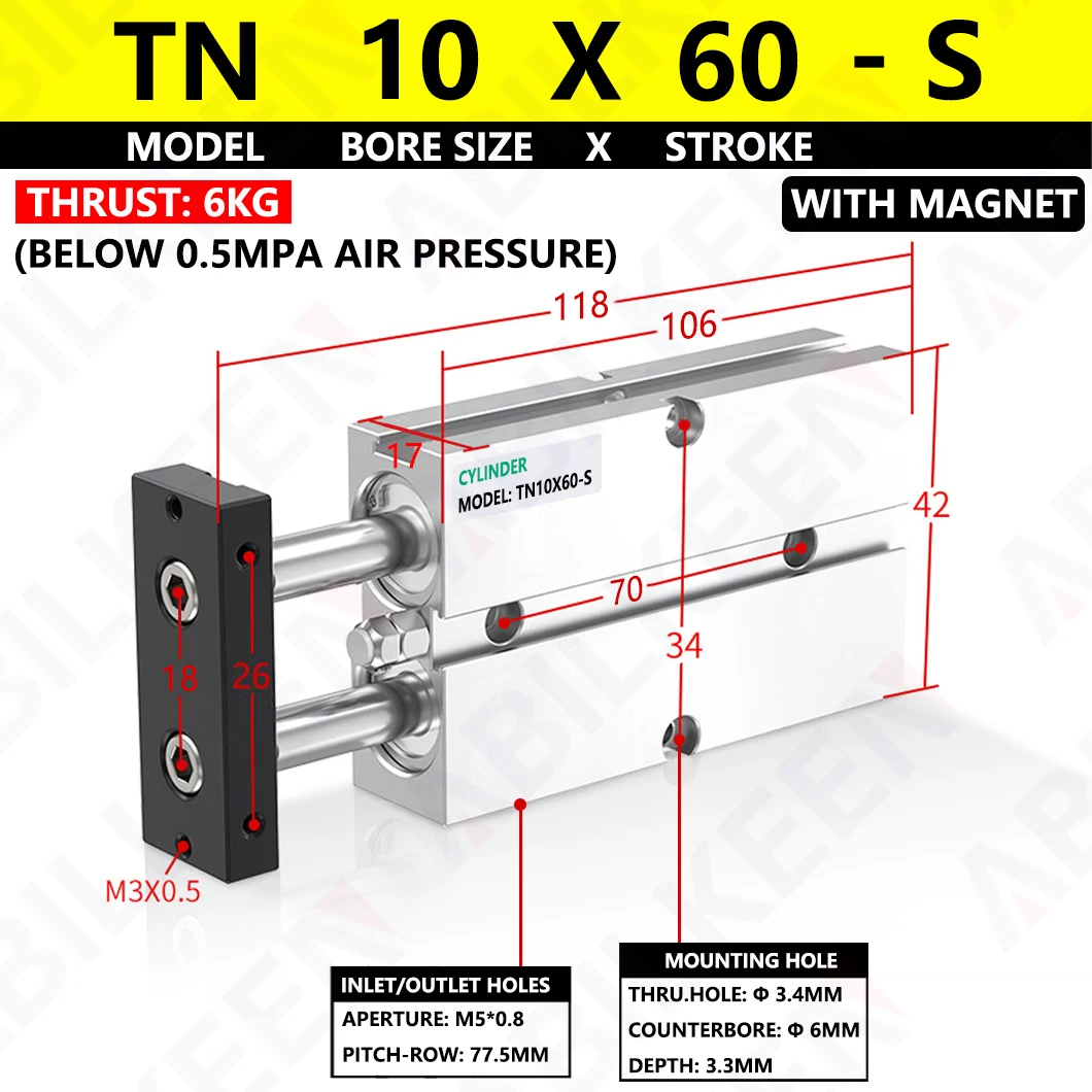 

ABILKEEN TN Series Dual Axis Double Rod Compact Guide Cylinder TN10X60-S 10MM Bore X 60MM Stroke Pneumatic Air Cylinder