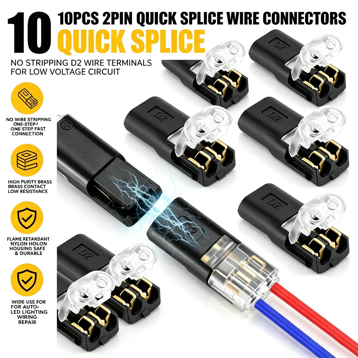 10/150/200 Pcs Double-Wire Plug-in Connector with Locking Buckle-Pluggable LED Wire Connectors 2 Way Electrical Wire Connector