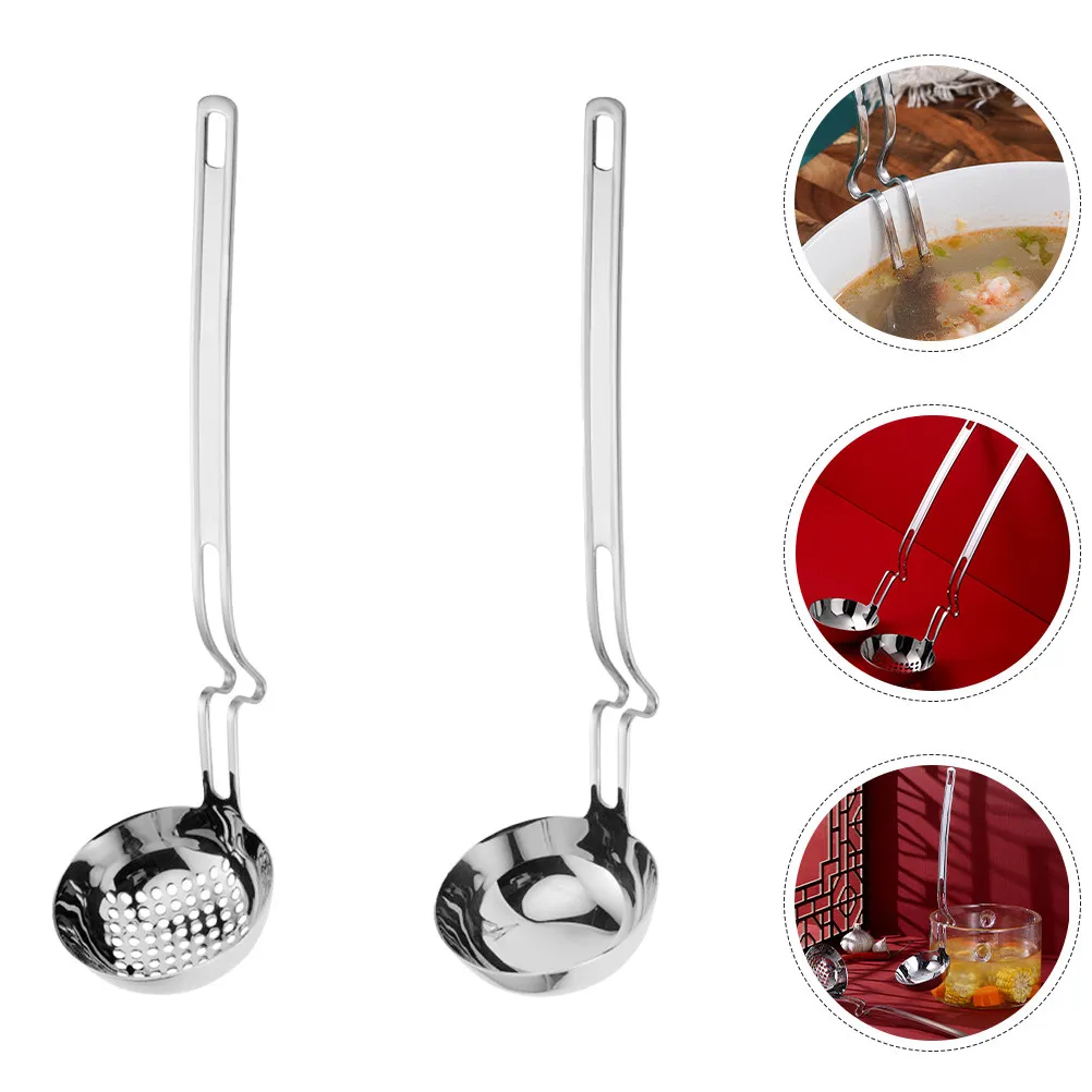1Set 304 Stainless Steel Hot Pot Spoon Set Thick Heavy Duty Slotted Soup Spoon Long Handle Serving Utensil for Restaurant Home
