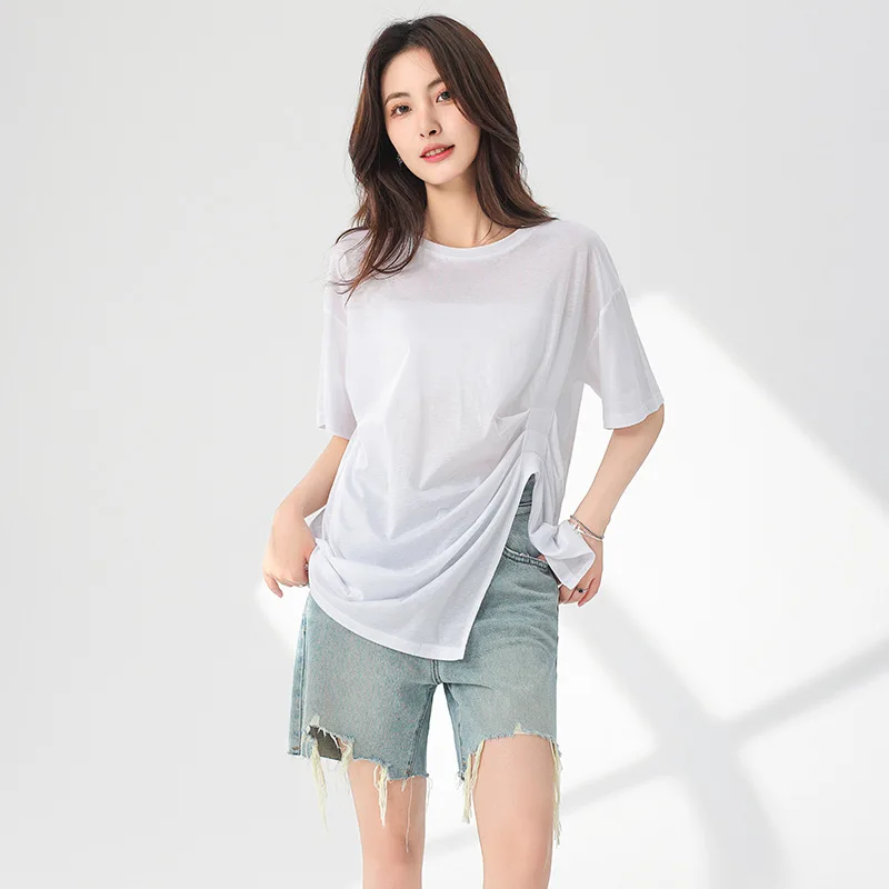 T-Shirt à manches courtes pour femmes, col rond, Slim, décontracté, couleur unie, marque de luxe, vêtements populaires coréens, nouvelle collection été 2025