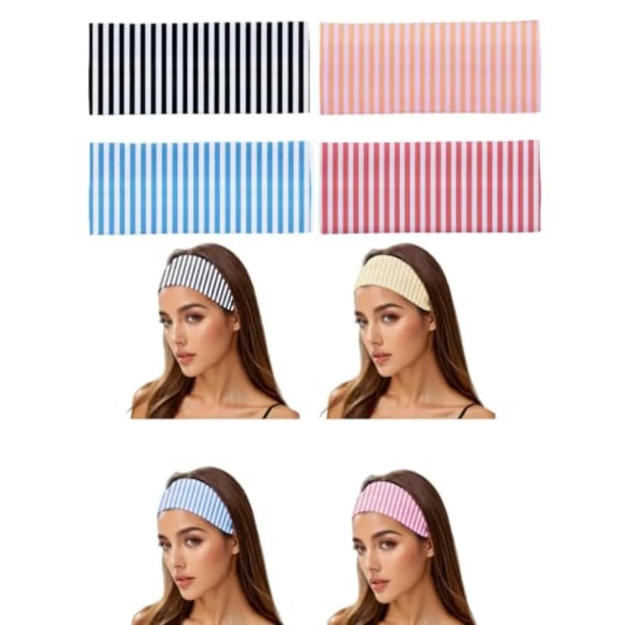 

Striped Wide Headbands for Women Elastic Thick Yoga Workout Headband Non Slip Hair Band Hair Accessory, 4 Pack