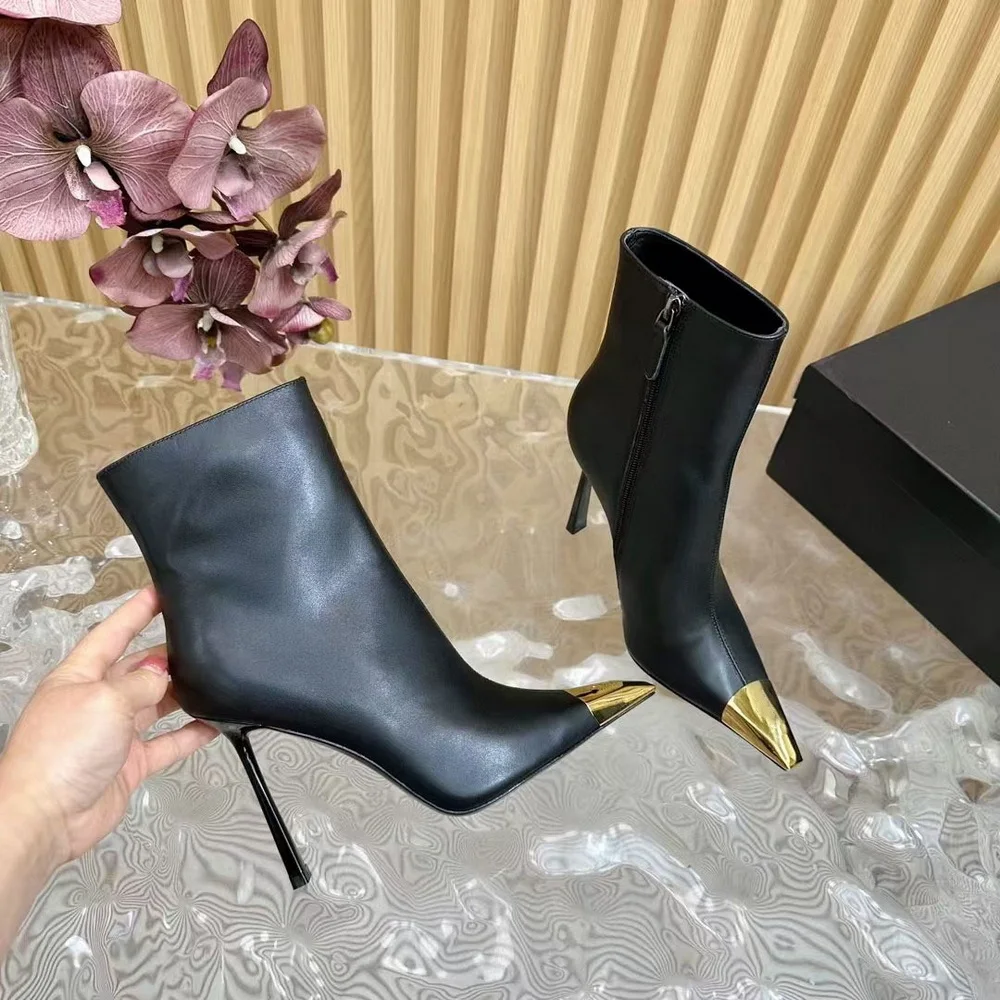 

9cm High Heels Ankle Boots,Women's Short Botas,Patent Leather Winter Shoes,Metal Pointed Toe,Side Zip,Black,Size 34-40,Dropship
