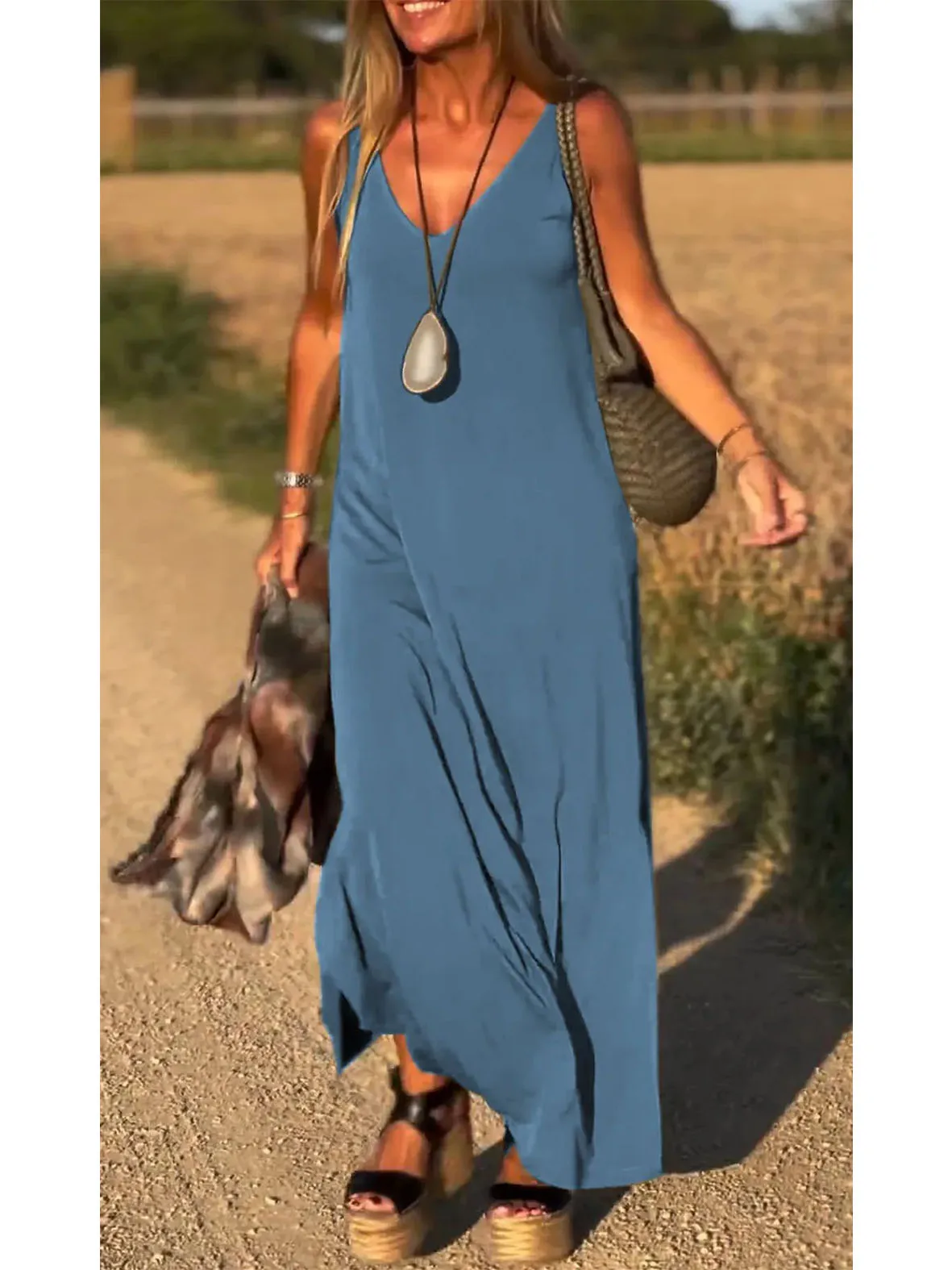 2024 verão feminino com decote em v malha cover-up vestido praia resort maxi deslizamento vestido leve solto ajuste boho férias outfit