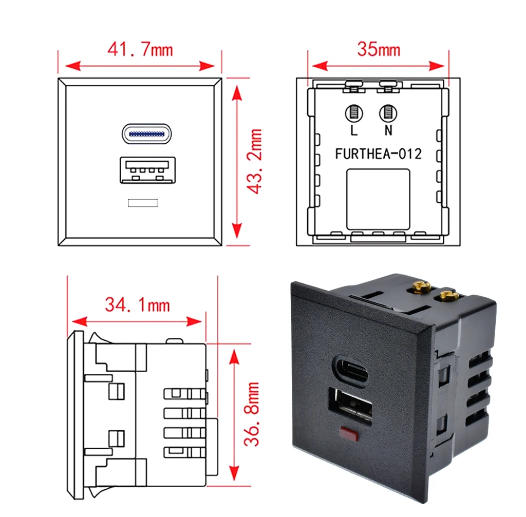 USB + typ C zasilanie prądem zmiennym gniazdo wbudowany pulpit gniazdo ładowania DC Panel zasilania moduł wylot 5V 220V ze wskaźnikiem LED