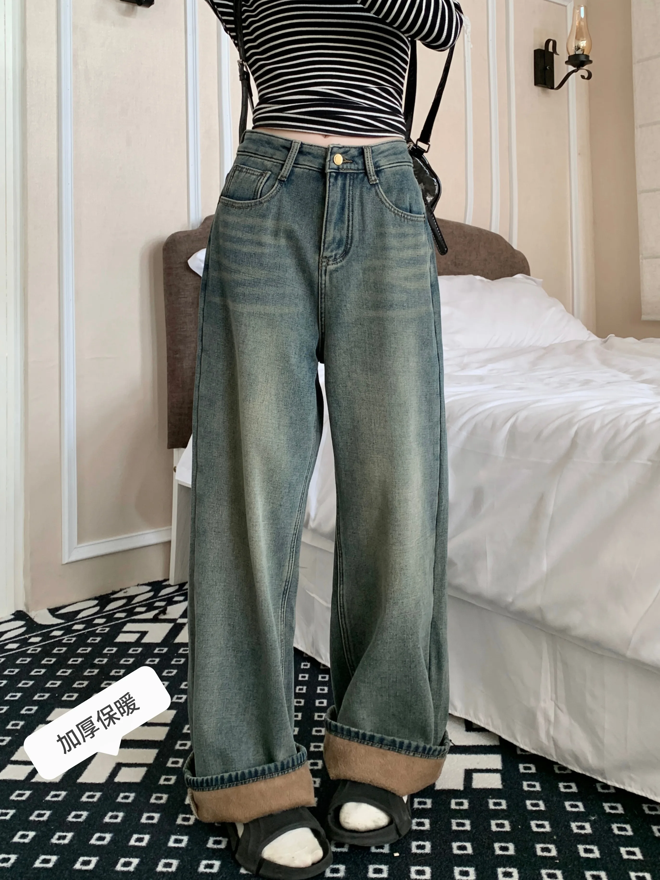 ZHISILAO Thick Fur Warm Jeans Women Vintage Winter Wide Leg Full Length Denim Pants Chic Jeans 2024