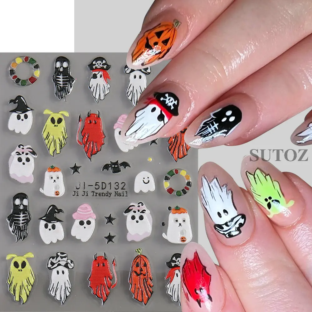 5D Witch Ghost Nail Stickers Cute Halloween Decoration Daisy Skull Sliders Pumpkin Spider Bat Charms Manicure Decals LEBJI-5D131