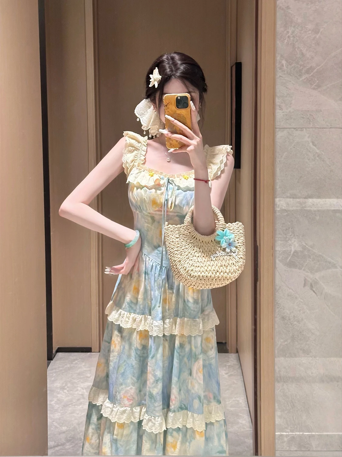 

Летнее хлопковое длинное платье для женщин, праздничное, с завышенной талией, А-силуэт, из тонкой ткани, с принтом, с круглым вырезом