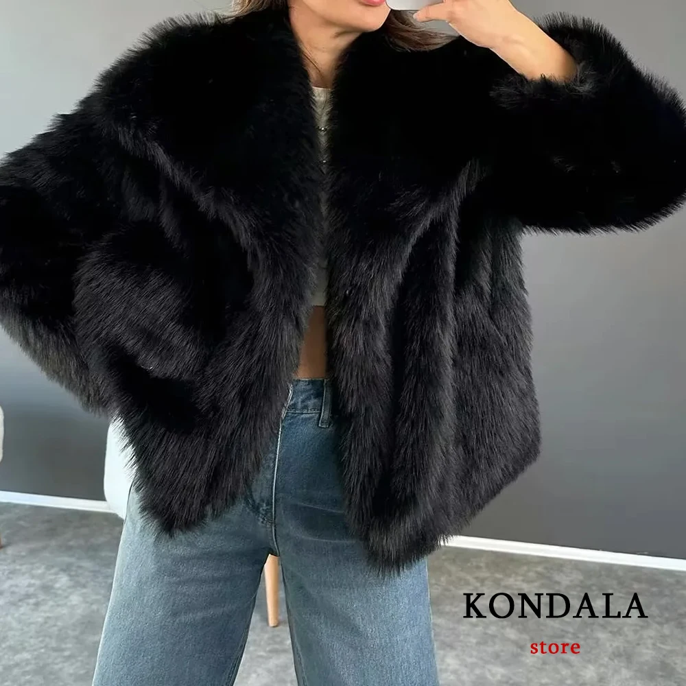 KONDALA Vintage Faux Fur Oversized Coats Women Fashion 2024 Spring Winter Thick Warm Jackets Casual Pockets Elegant Outwears