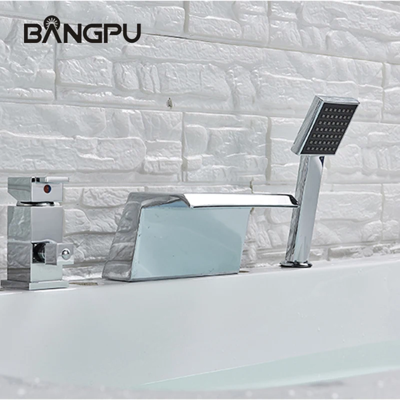 

Bathroom Bath Tub Faucet Set with Sprayer Deck Mounted Waterfall Tub Faucet with Handheld Shower Roman Bathtub Faucet Combo Set