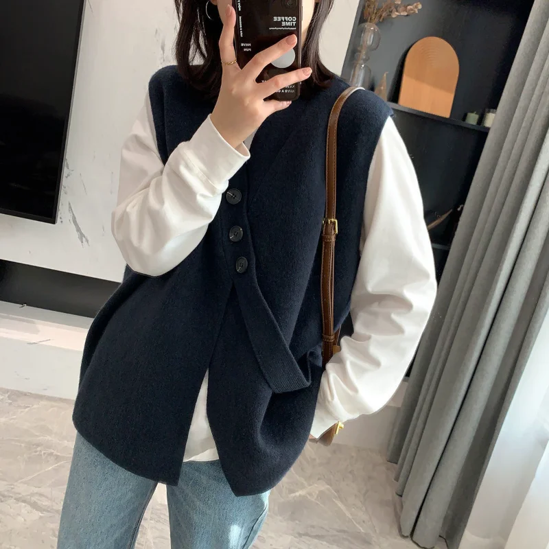 2023 New Women\'s Clothing V-Neck Long Sleeve Solid Color Autumn Winter Loose Plus Size Casual Fashion Button Asymmetrical Tops