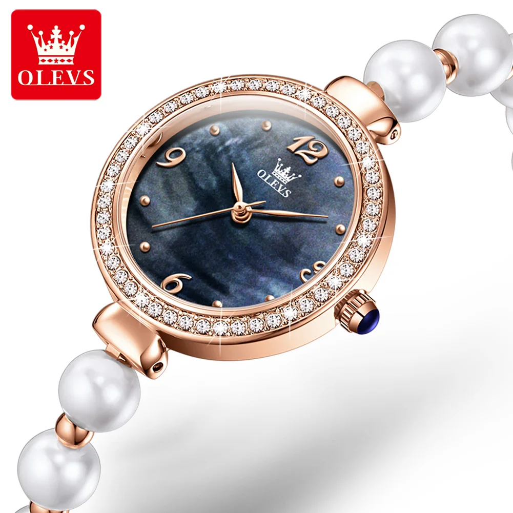 OLEVS Original Brand Women's Watches Fashion Pearl Chain Strap Waterproof Popular Quartz Watch Student Girl Trendy Diamond Inlay