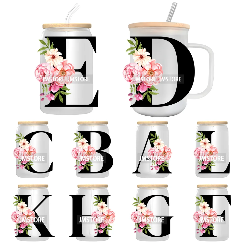 

Floral Flowers Alphabet Letter Monogram UV DTF Transfer Stickers Decals For Libbey Cold Cups Mugs Tumbler Waterproof Custom Logo