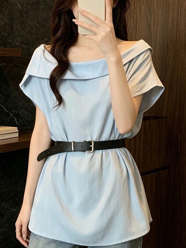 

Элегантный дизайн, женская рубашка большого размера с короткими рукавами, топ с открытыми плечами, корейский стиль, модная одежда для повседневной носки, дышащая, приятная для кожи.