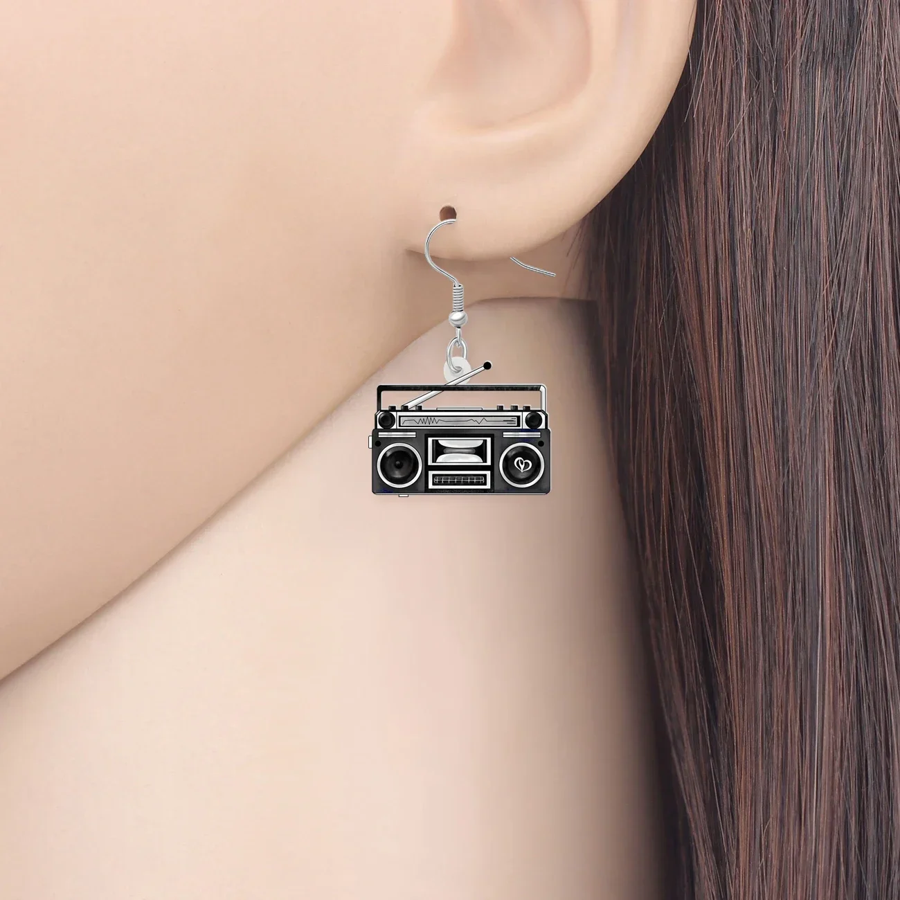 WEVENI Acrylic Funny Black Vintage Radio Recorder Dangle Drop Earrings For Women Girls Kids Novelty Gifts Accessories
