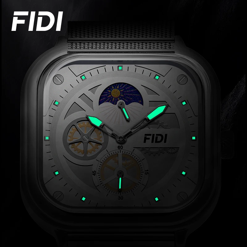 FIDI Watches for Square Men Cool Dress Watch Luminous Design Big Face Fashion Quartz Watch Casual Wrist Watch Unique Gifts FD108