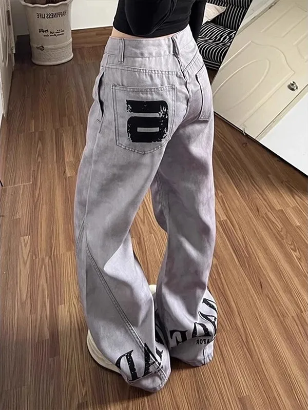 

American Retro Cleanfit Men's Jeans Letter Design Slimming Straight Leg Micro Flared Pants Casual Wear All Seasons