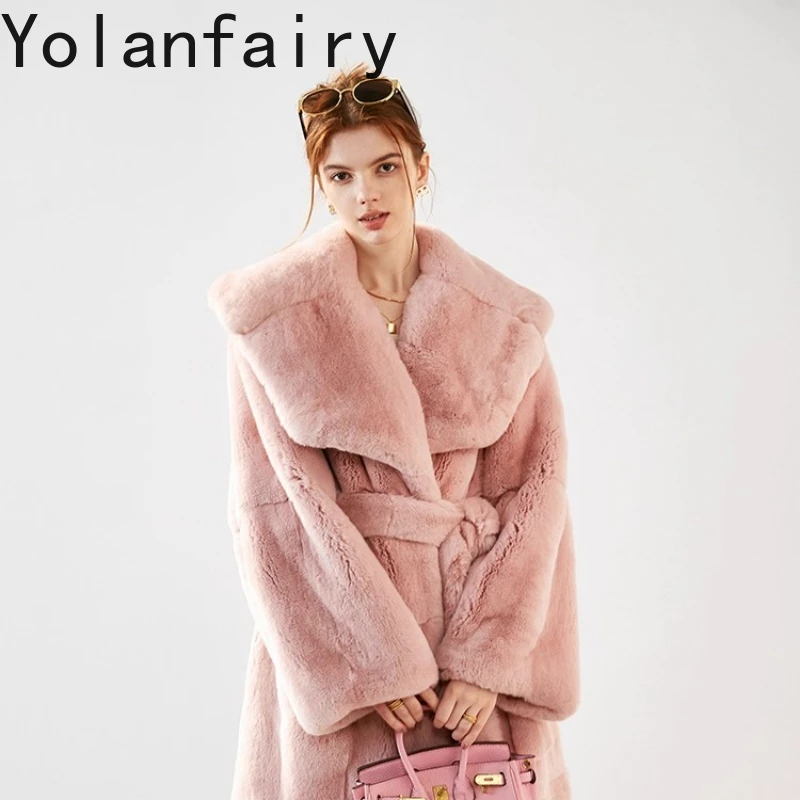 YOLANFAIRY Autumn and winter Imported full-length made of rex rabbit Thickened half-open-neck long-sleeved fur coat шуба 2025