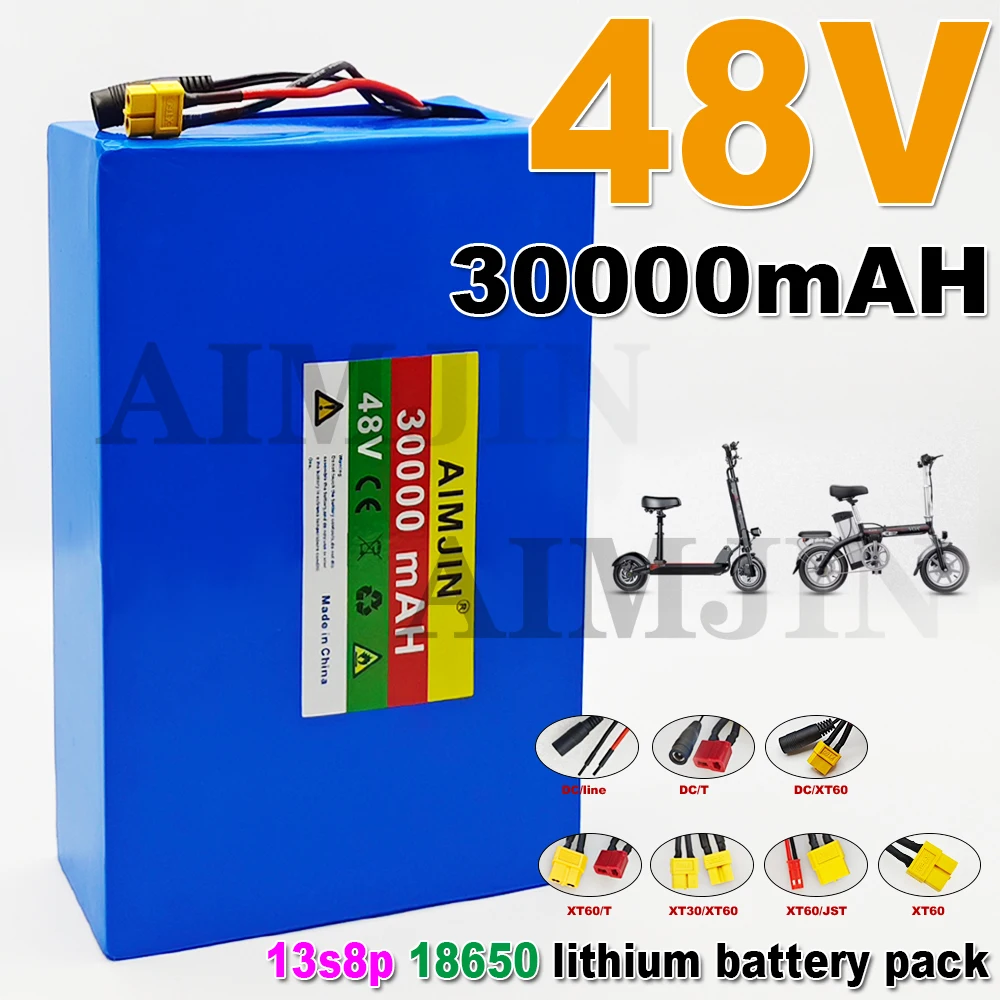 48V 30Ah 30000mAh 18650 lithium battery pack 13S8P large capacity suitable for 48V 250-1500W built-in BMS+54.6V2A charger