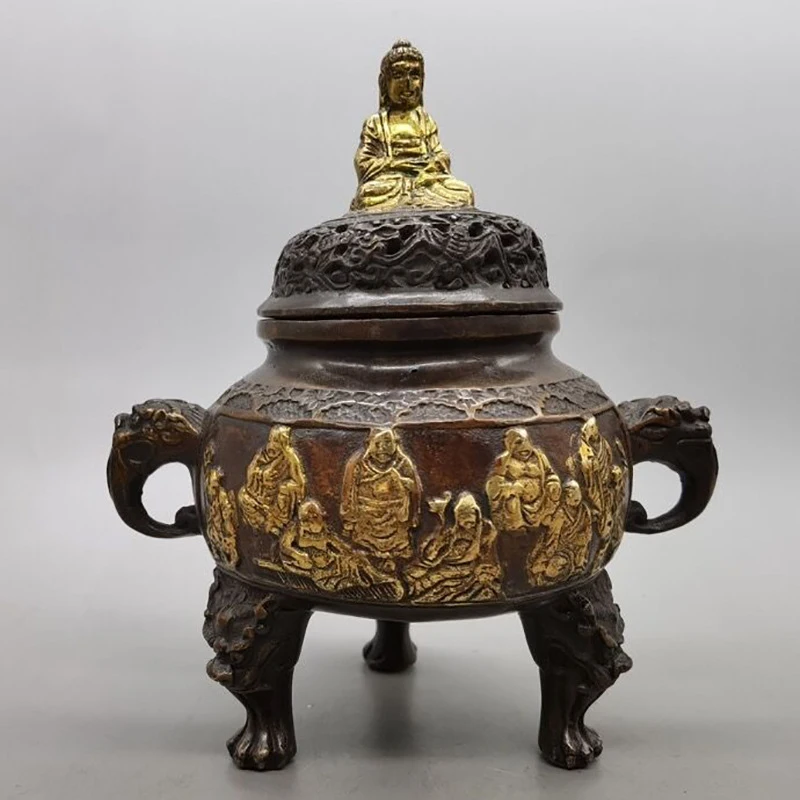 Antique Collection: -Colored Gilt Eighteen Arhats , Home Decorative Ornament, Bronze Incense Burner,