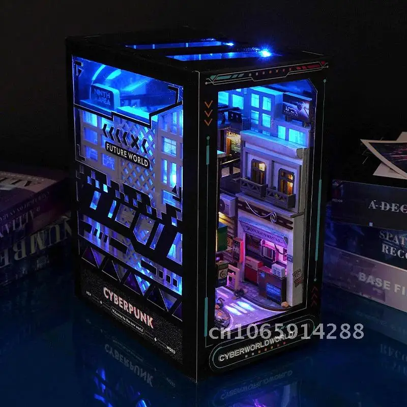 

Creative DIY Wooden Book Nook Shelf Insert Miniature Kits Future World Bookend Adult Handmade Home For Decor Gifts Bookshelf