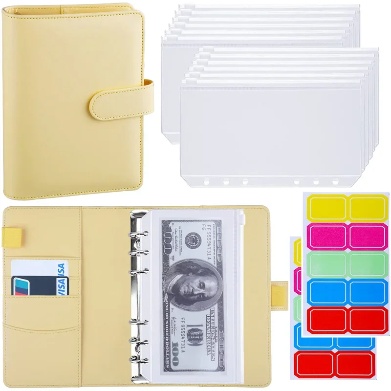 

A6 Binder Budget PU Leather PlannerPockets Expense Budget Sheets Notebook Cash Envelope Organizer System with Clear Zipper