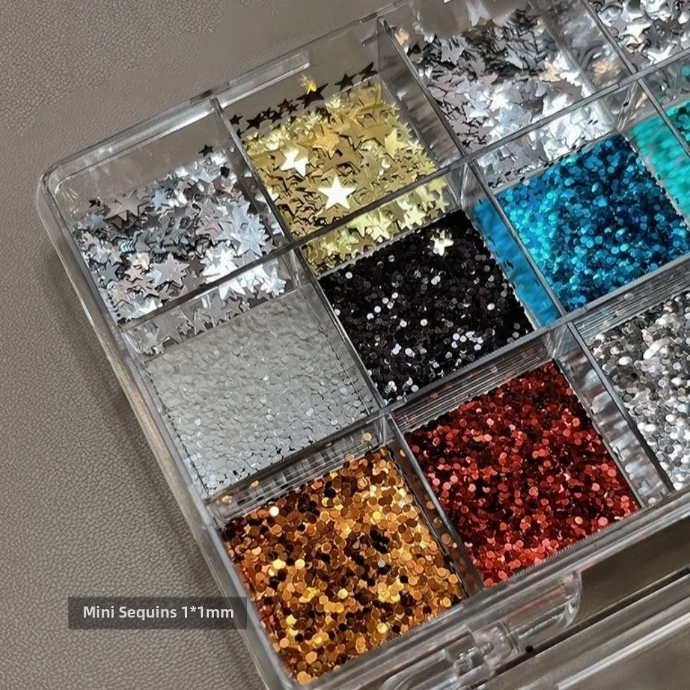 12 Grids/Box Nail Art Sequins Kit Mixed Shape Star Nail Charms Decorations 1mm Dot Flakes Mini Nail Art Glitter Set