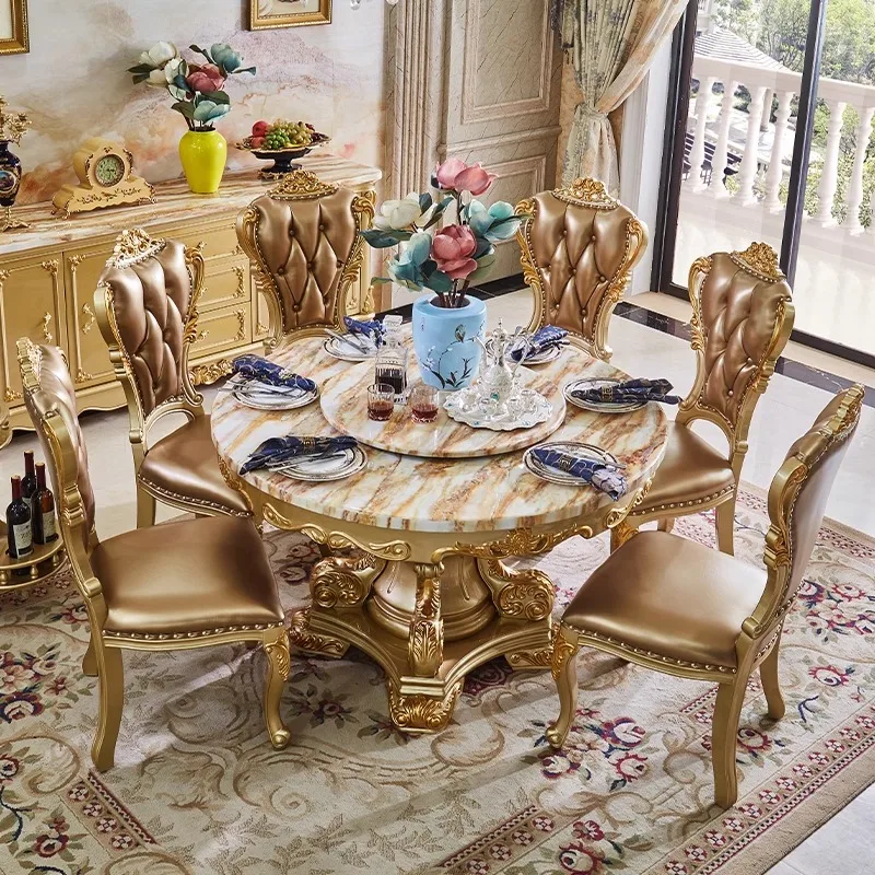 European marble dining table and chair combination round gold all solid wood dining table hotel with turntable small apartment d