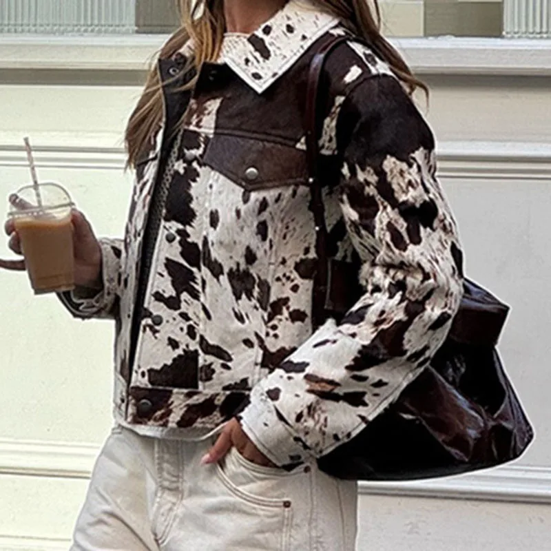 

Vintage Pattern Printed Denim Jacket Woman Elegnat Single Breasted Lapel Shirt Cardigan Autumn Winter Streetwear Outerwear Coats