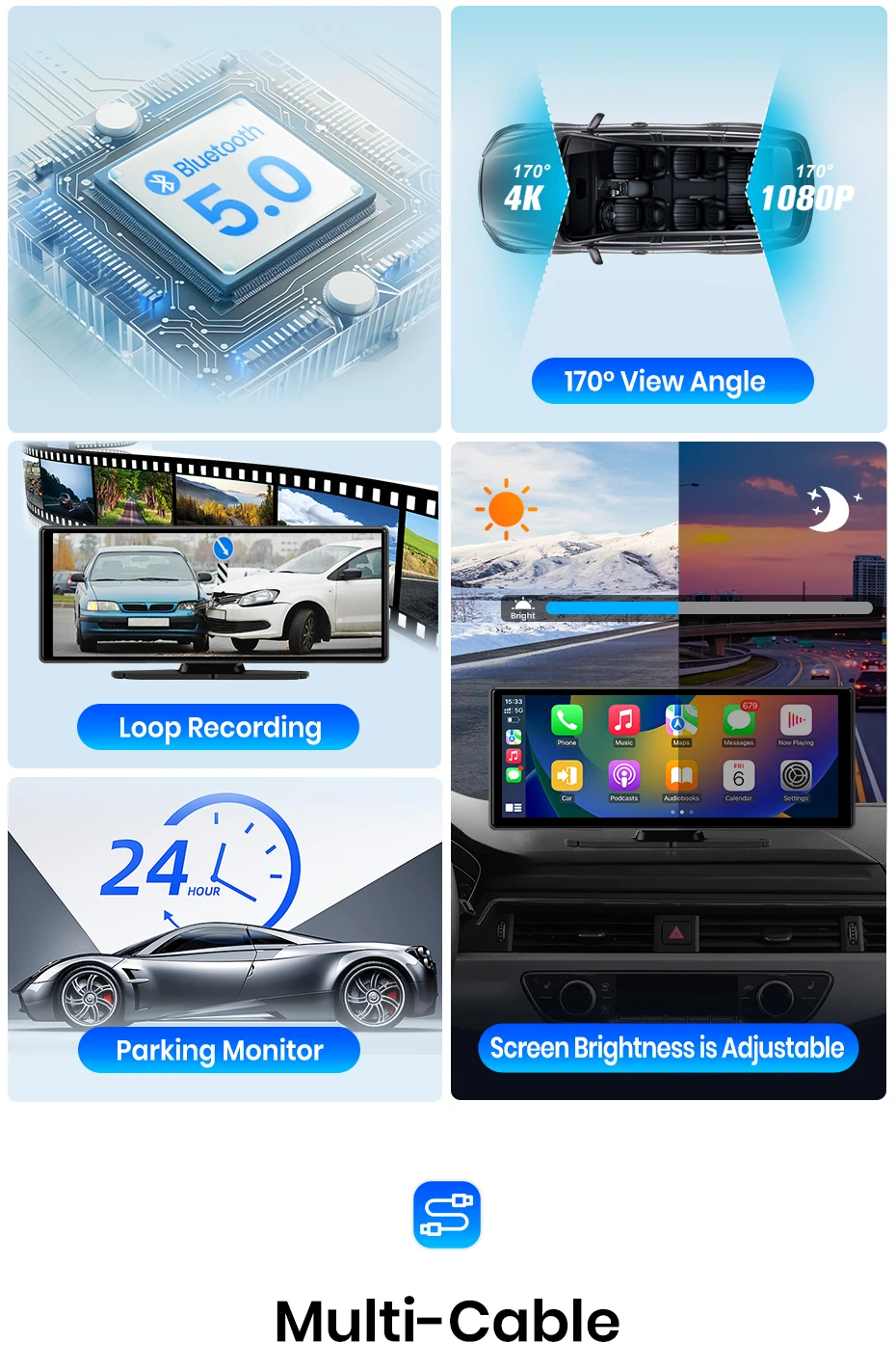 Junsun 10,26 Zoll Dashcam 4K Auto-DVR, kabelloses Carplay für Apple Android Auto, GPS-Navigation, Dashboard-Videorecorder, IPS-Touchscreen, Dual-Objektiv-Rückfahrkamera, BT-Audio, AUX, WIFI, FM – Detail 4