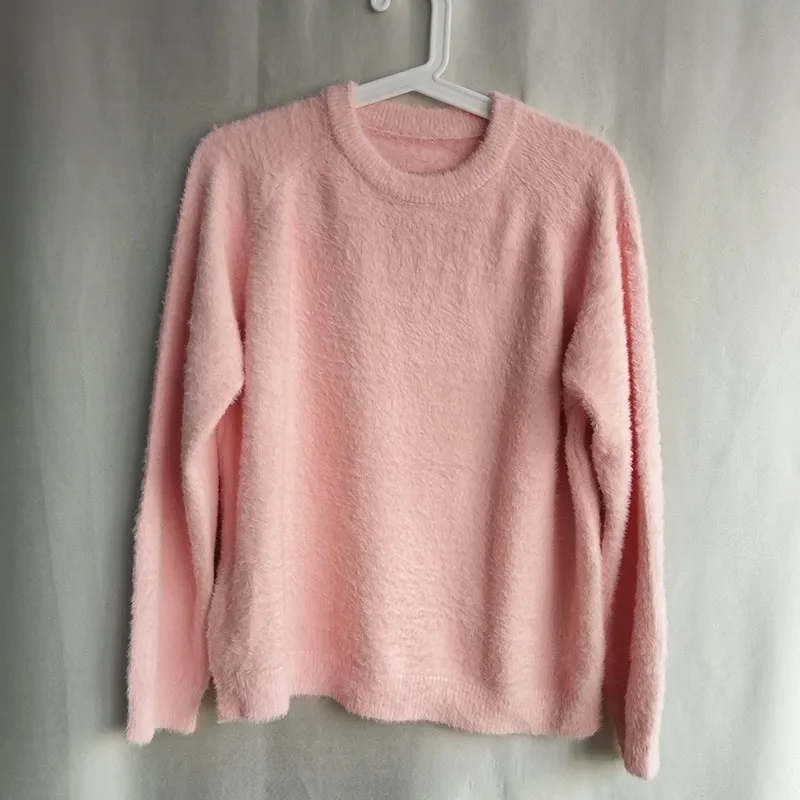 Lazy Style Pink Soft Mohair Knitted Loose Sweater New Autumn Winter Women O Neck Long Sleeve Thick Warm Female Pullover Tops