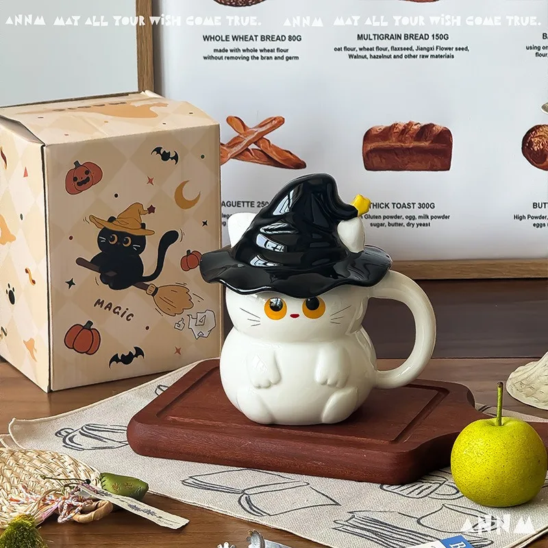 2025 New High-Quality Ghost Cat Ceramic Mug with Lid - Stylish Home Drinking Cup for Women, Practical  Convenient for Daily Use view 5
