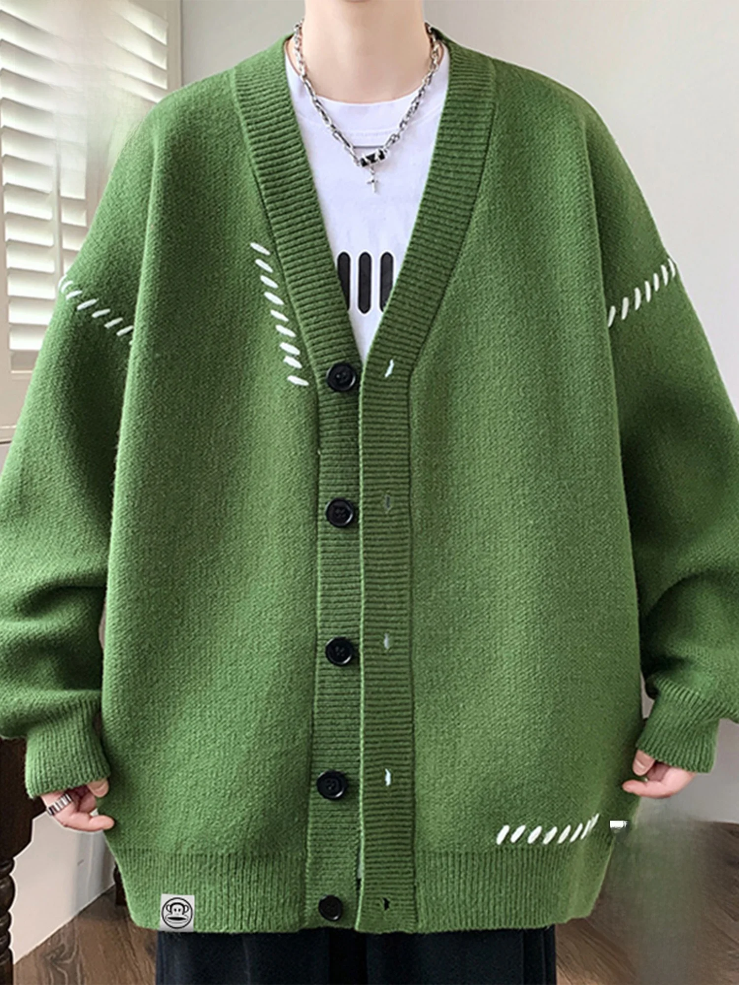 

Мужской вязаный кардиган Paul Frank Lazy Sle: теплый, свободный крой, осенний, повседневный, модный, мягкий, удобный, с длинными рукавами, V-образным вырезом