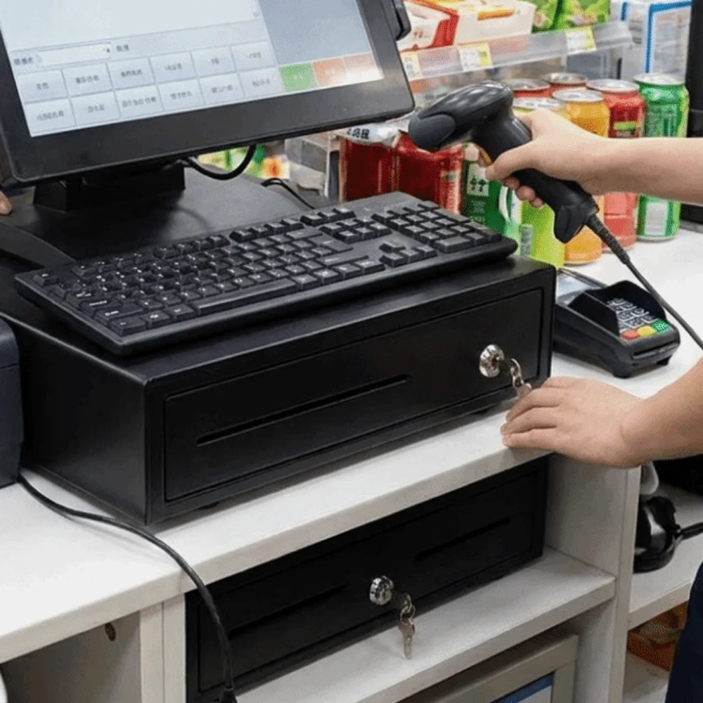 Metal Supermarket Cash Box Wiring RJ11 Removable Cash Drawer Box with Key 4 Bill 5 Coin Money Cash Locker Small Businesses