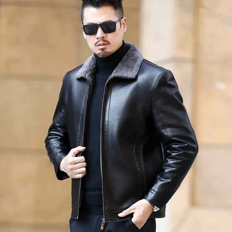 Men\'s Fur One Casual Thickened Motorcycle Jacket Mens Fashion Leather Jacket Male Plus Cashmere Sheep Leather Jacket Short Coat