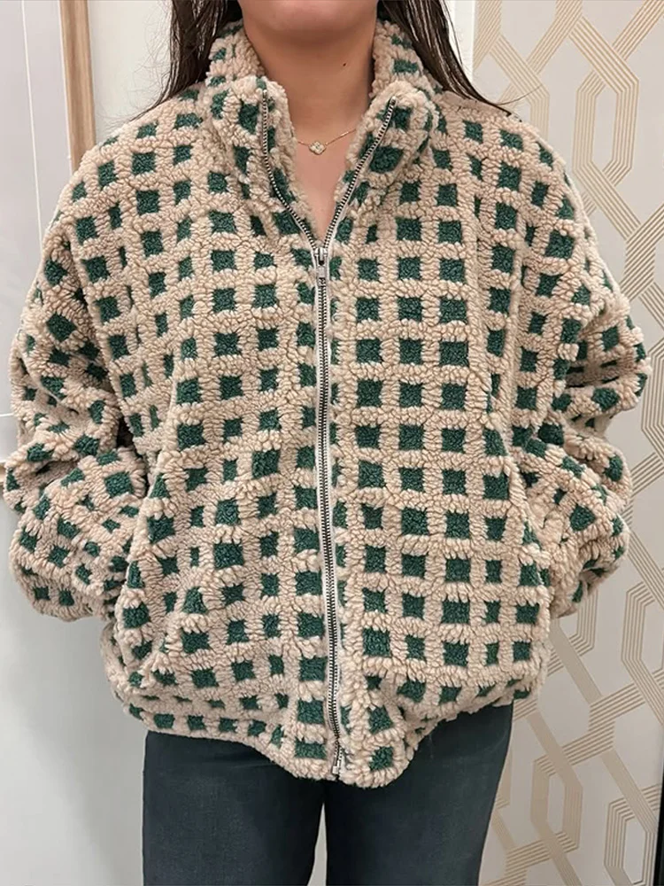 Fashion Plush Plaid Women's Jackets Coat Stand Collar Zipper Thicken Full Sleeve Coats Female Autumn Winter Lady Streetwears